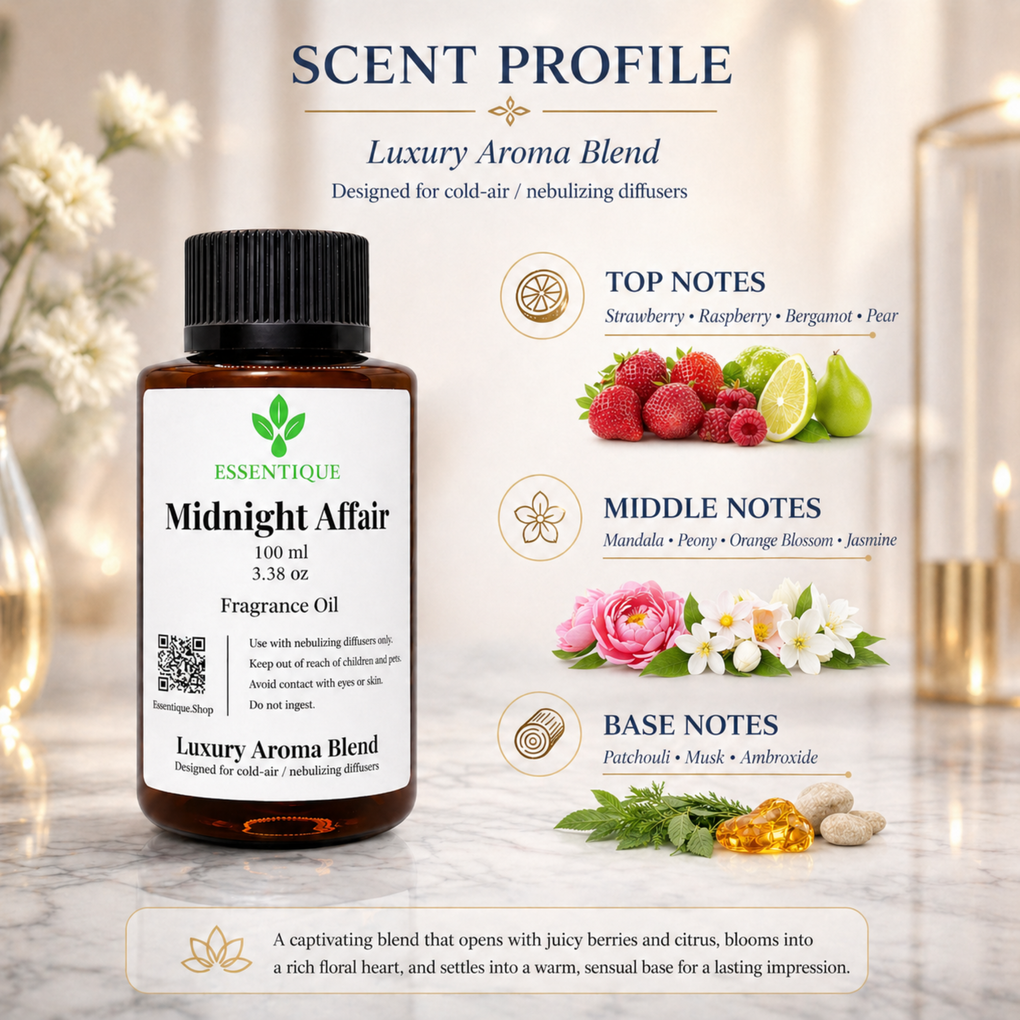 Essentique Midnight Affair Diffuser Oil | Luxury Aromatherapy Home Fragrance (100ml)