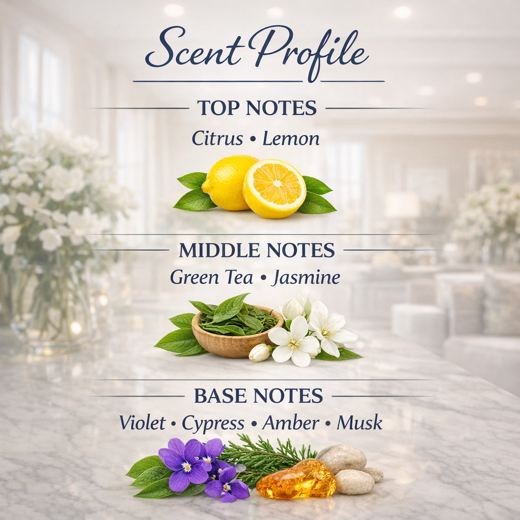 Luxury Stay scent profile showing fresh citrus, soft florals, and clean base notes designed for cold-air diffuser use